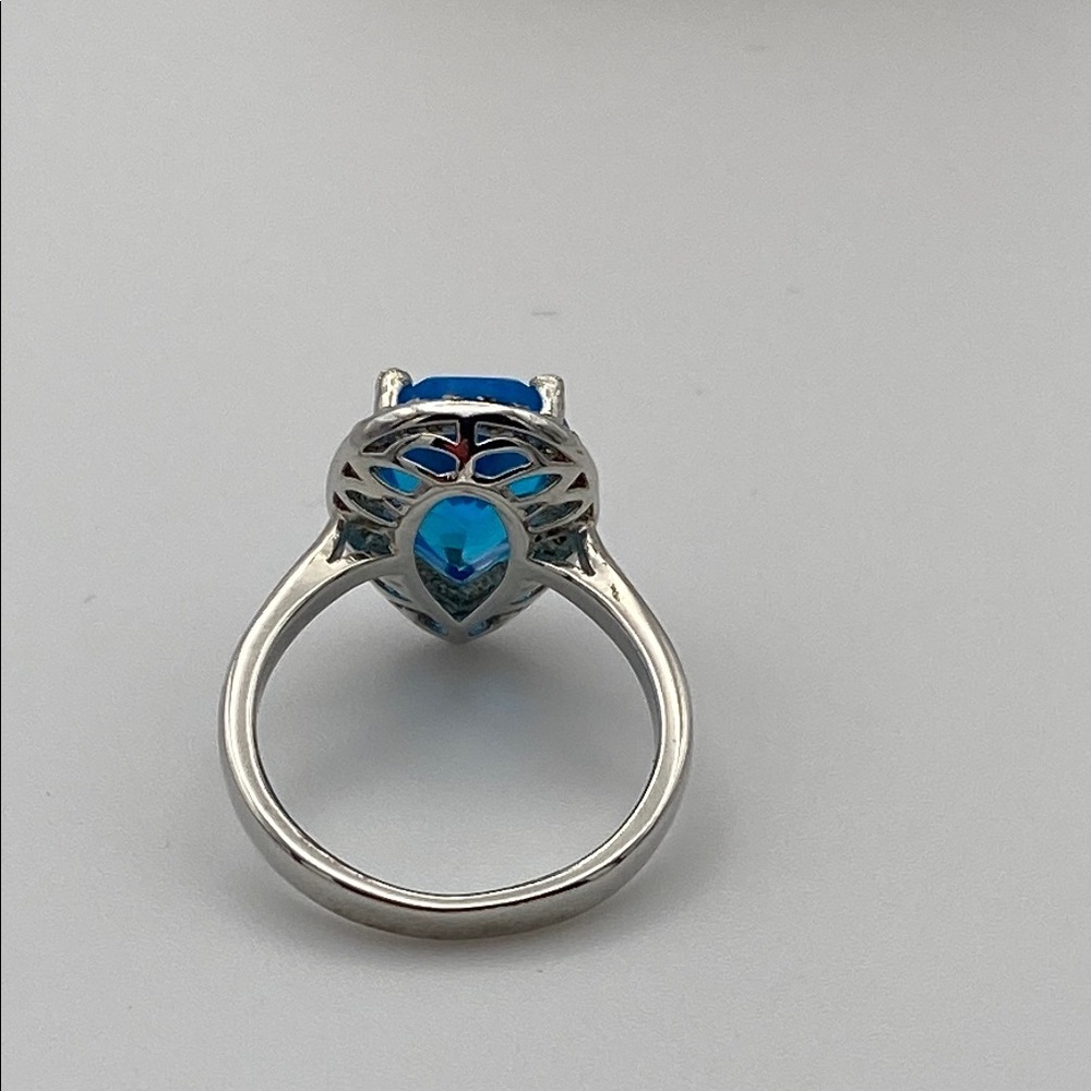 Teardrop Blue Gemstone Cocktail Ring with Crystal Halo • Silver Tone - Picture 10 of 12